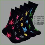 Men's Theme Crew Socks, Black with Multi Color Leaves #3 Pattern, (1 Dozen, 12 Pairs)