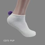 Pom-Pom Low Cut Socks for Woman, Cotton, White Solid Color , PURPLE Pom-Pom , (1 Dozen, 12 pieces)