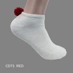 Pom-Pom Low Cut Socks for Woman, Cotton, White Solid Color , RED Pom-Pom , (1 Dozen, 12 pieces)