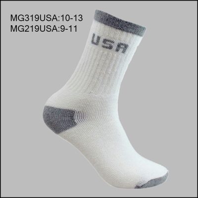 Men’s Cotton Crew Sports Socks, White with Grey H/T, USA, Grey Stripe, (1 Dozen, 12 Pairs)