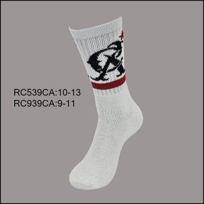 Men’s Cotton Crew Sports Socks,  White with Red Stripe and Black CA, (1 Dozen, 12 Pairs)