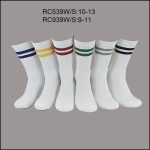 Men’s Cotton Crew Sports Socks, White with Multi Color Stripe, (1 Dozen, 12 Pairs)