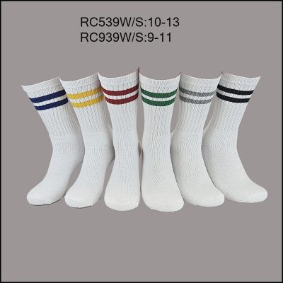 Men’s Cotton Crew Sports Socks, White with Multi Color Stripe, (1 Dozen, 12 Pairs)