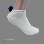 Pom-Pom Low Cut Socks for Woman, Cotton, White Solid Color , Blue Pom-Pom , (1 Dozen, 12 pieces)