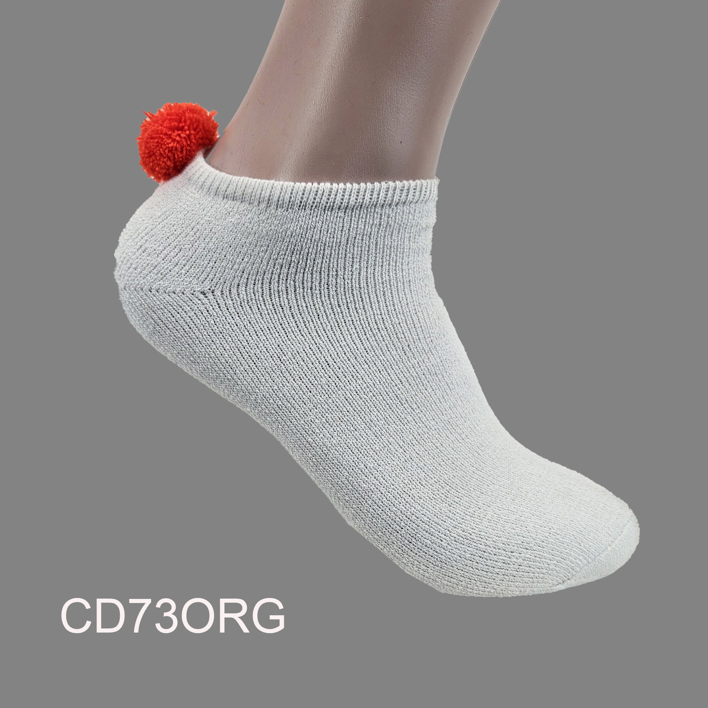 CD73ORG Pom-Pom Low Cut Socks for Woman, Cotton, White Solid Color , ORANGE Pom-Pom , (1 Dozen, 12 pieces) - Image 1