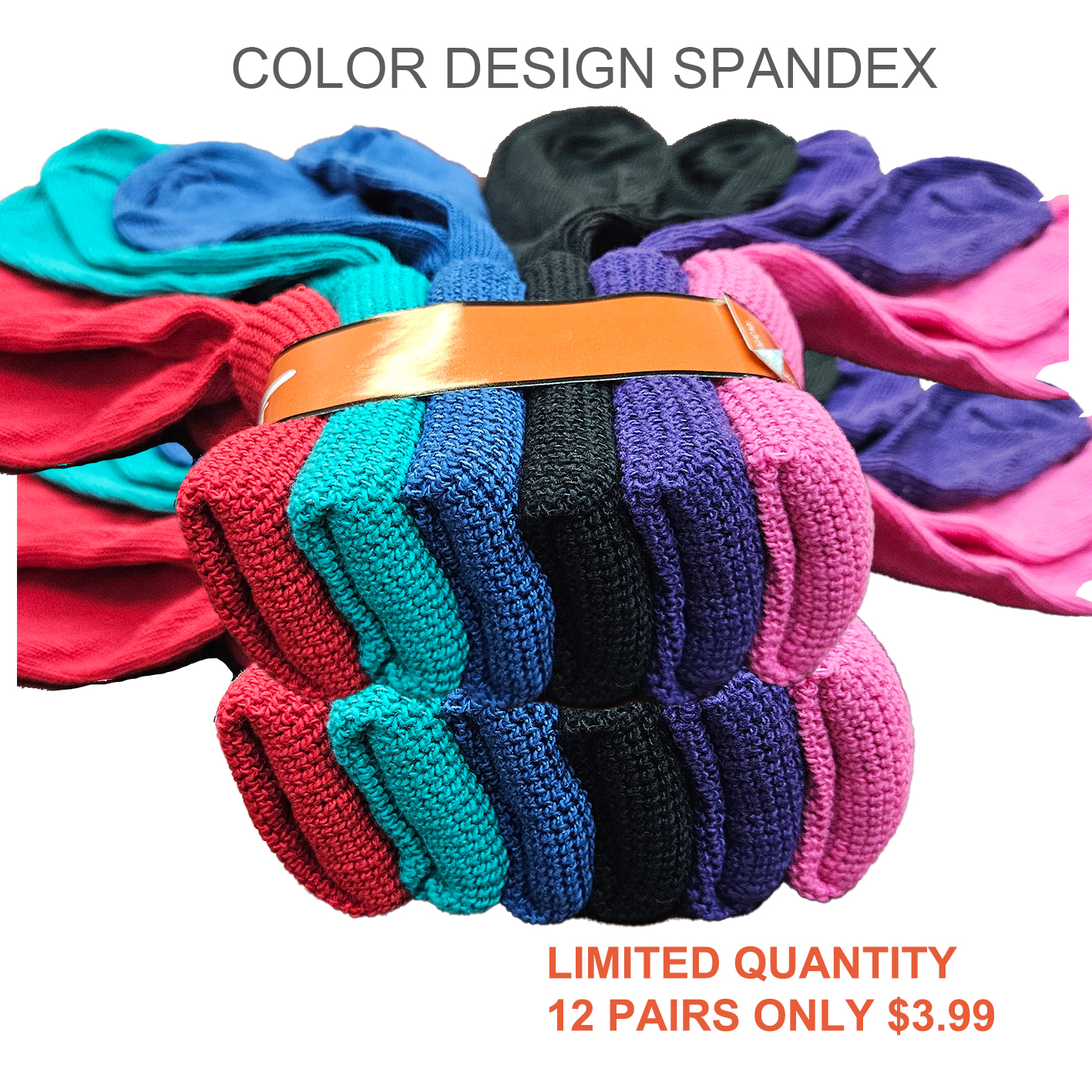 COLOR DESIGN SPANDEX-101 Women’s 100% Cotton Color Design Spandex Socks – Assorted Design/Colror (12 Pairs). - Image 1