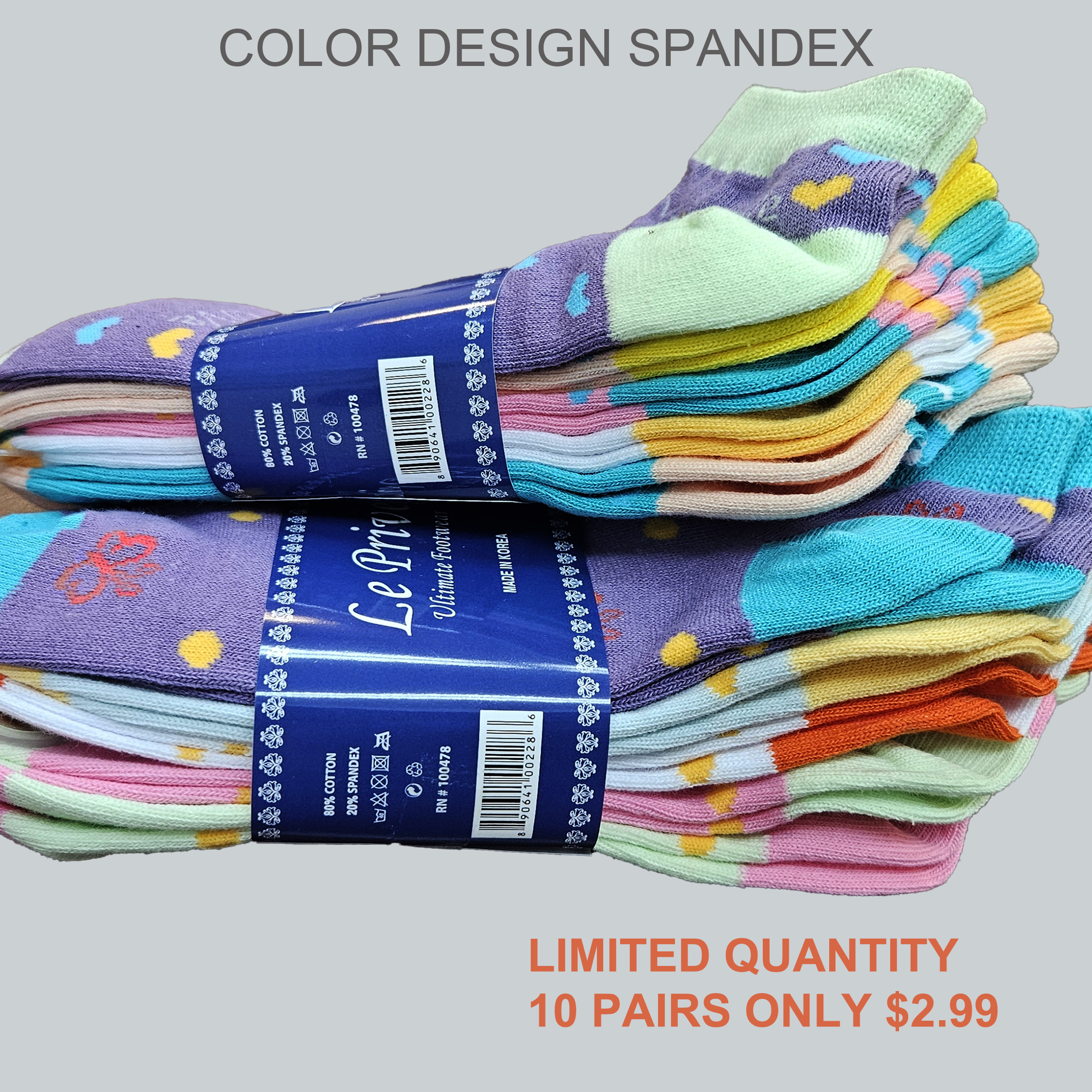 COLOR DESIGN SPANDEX-517 Women’s 100% Cotton Color Design Spandex Socks – Fancy-Assorted Design/Color (10 Pairs) - Image 1