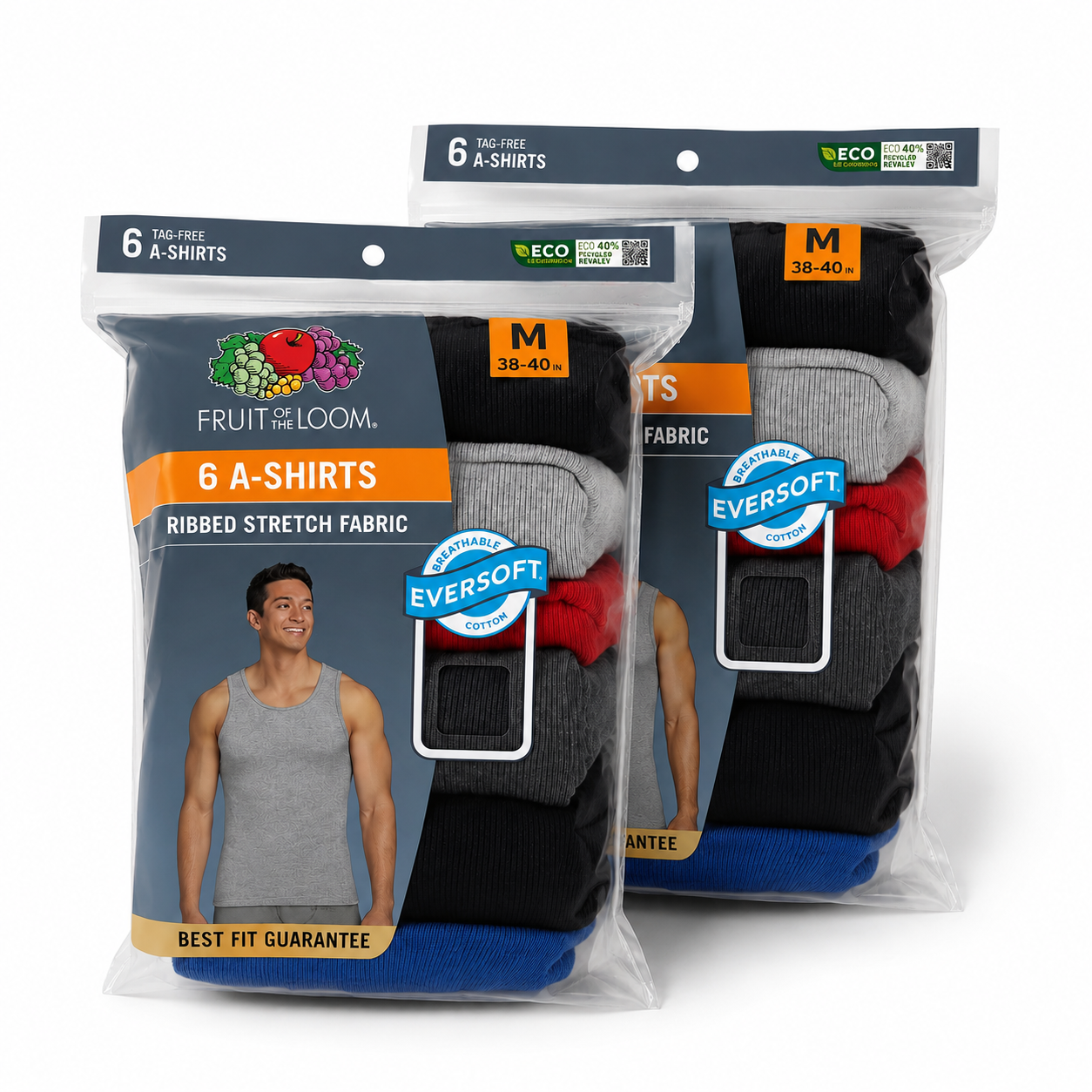 FL2601-3 Fruit of the Loom Men’s Eversoft Cotton A-Shirts, Assorted Colors, 6-Pack × 2 – 1 Dozen (12 Pieces) - Image 1
