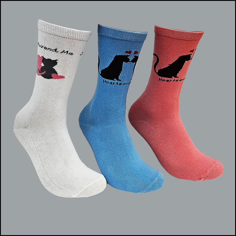 cat 003 Women’s Crew Socks, Assted-Cat Designs & Color (12 Pairs) - Image 1