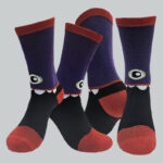 Women’s Crew Socks, Red H/T, 2 Tone Color-Black & Pupple, Assted-Eyes Designs (12 Pairs)