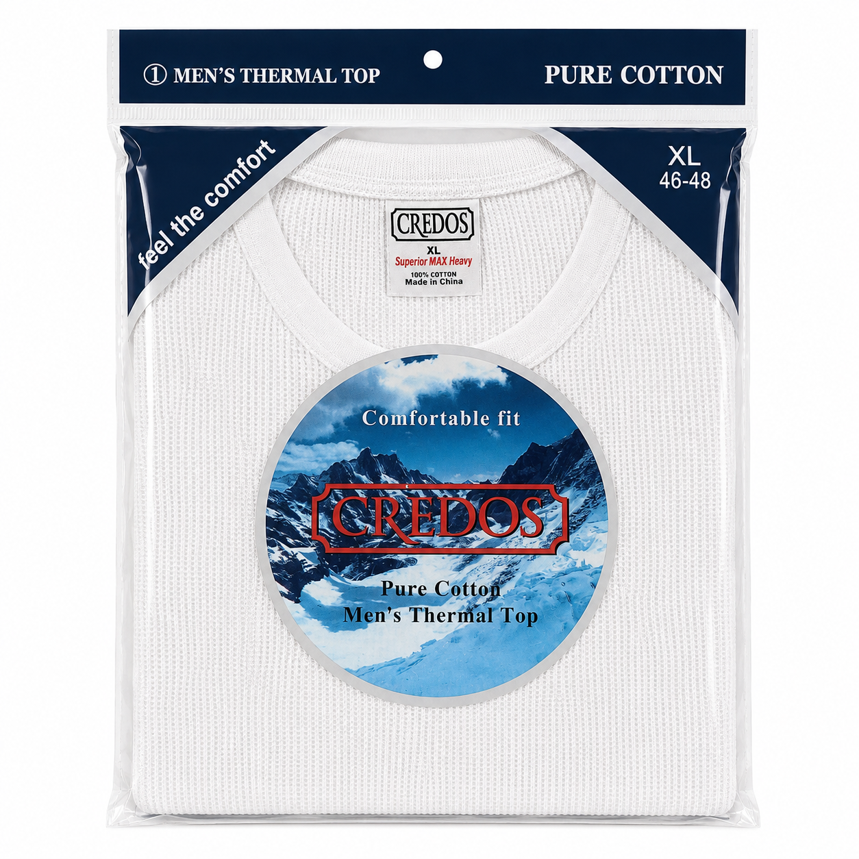 CR5000-WHT-M.png CREDOS Men's White 100% Cotton Thermal Top – Heavy Waffle Knit Long Sleeve Shirt (1 Piece) - Image 1