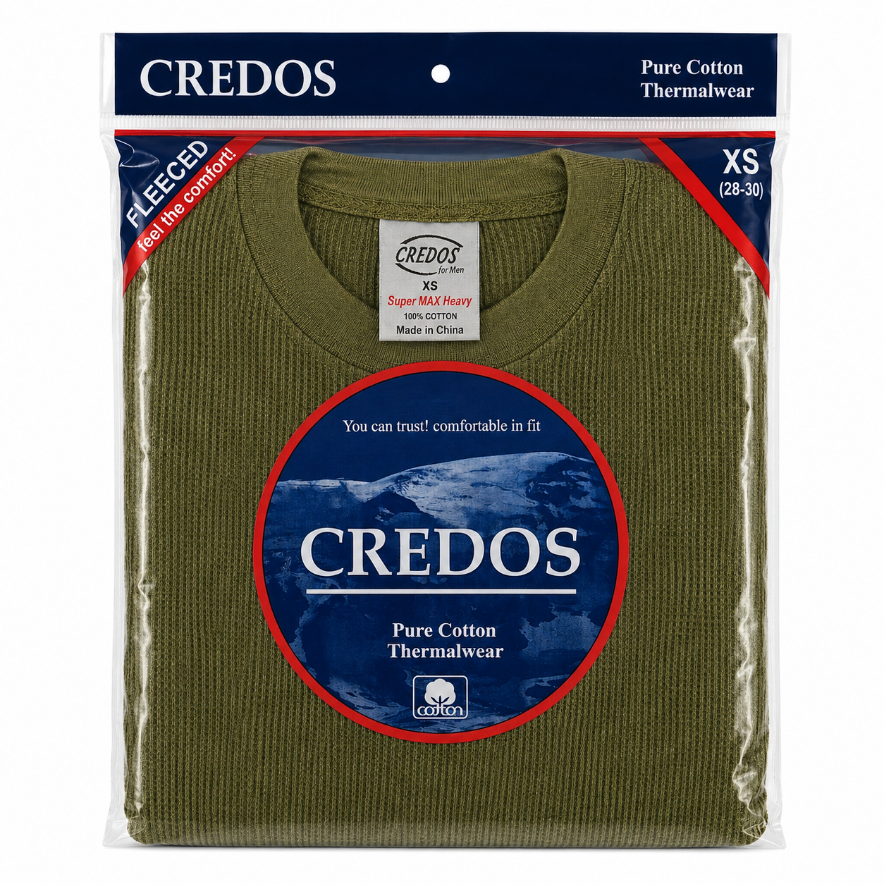 CR5001-OLV-M CREDOS Men's Olive Green 100% Cotton Thermal Shirt – Heavy Waffle Knit Long Sleeve Base Layer (1 Piece) - Image 1
