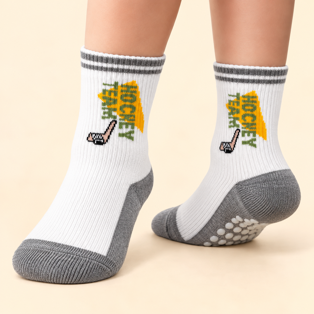 10 하기-1 Hockey Talk Kids Crew Socks – White & Gray – (10 Pairs) - Image 1