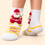Santa Claus Pom Pom Kids Christmas Socks – White & Yellow – 1 Dozen (12 Pairs)